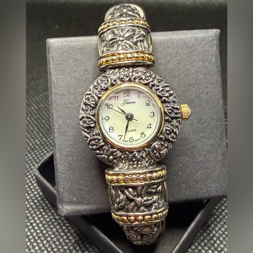 Geneva Women's Ornate Silver and Gold Watch